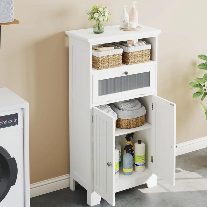 Bathroom Floor Storage Cabinet with Flip Glass Drawer
