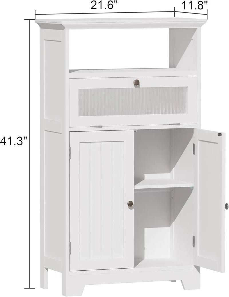 Bathroom Floor Storage Cabinet with Flip Glass Drawer