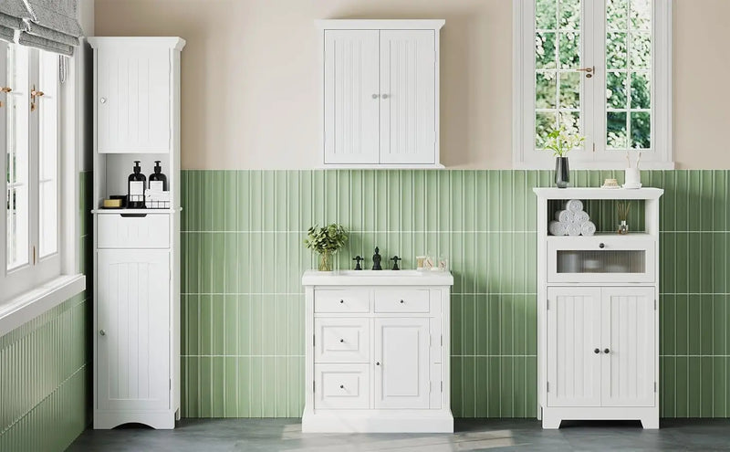 Bathroom Floor Storage Cabinet with Flip Glass Drawer